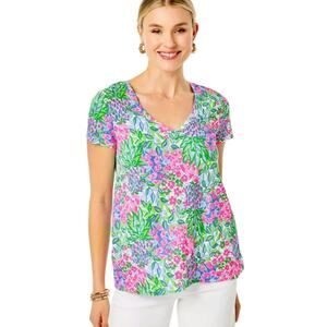 LILLY PULITZER Cotton Etta Vneck Short Sleeve Top Cherry On Top Casual Sz XL